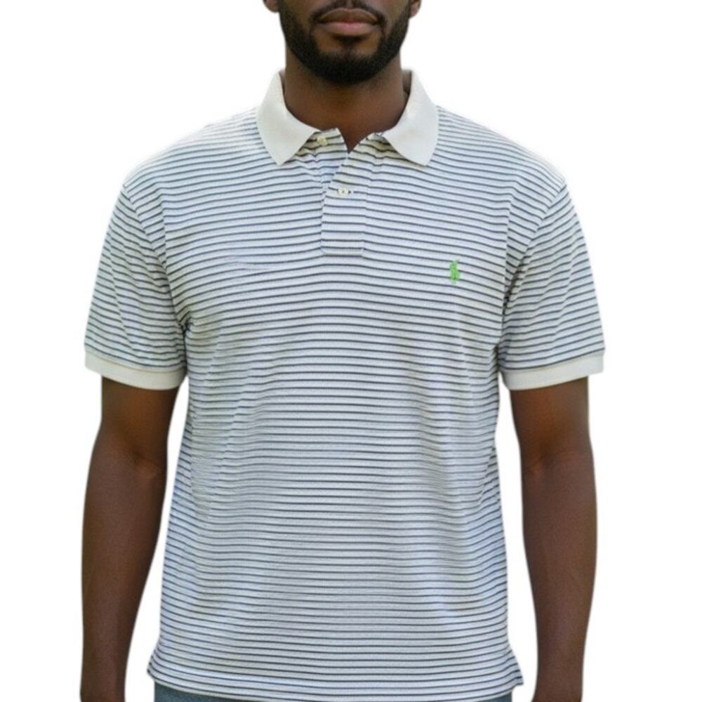 POLO RALPH LAUREN Polo Shirt Men L Navy Blue Striped Green Pony Contrast collar